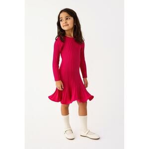 Milly Minis Ribbed Fit-&-Flare Ruffle Mini Dress Shocking Pink Girls 12 NWT